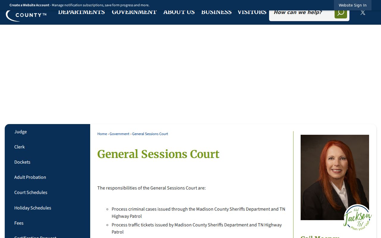 Madison County traffic warrant route, official General Sessions Court contact page