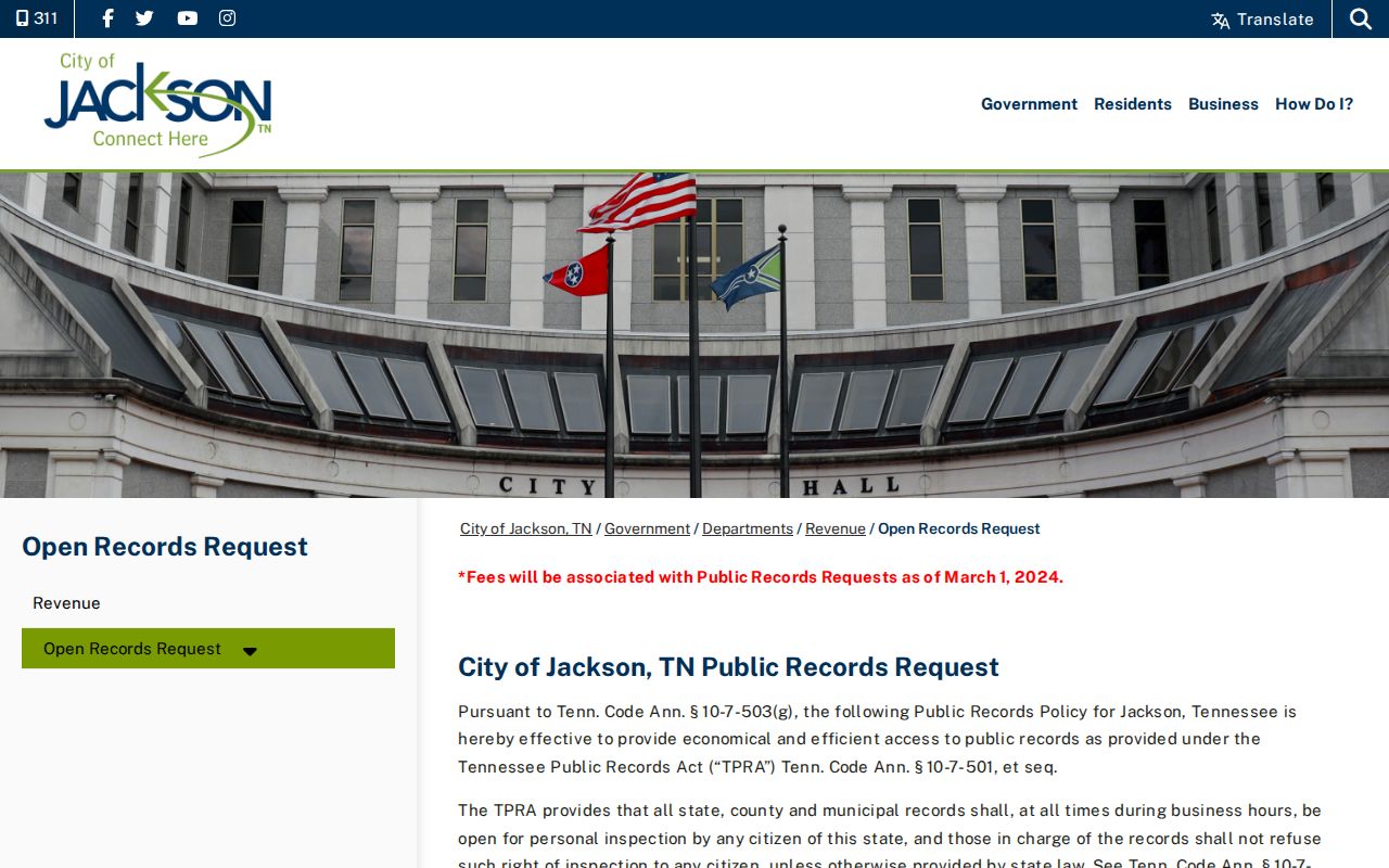 Jackson warrant records request, city Tennessee Public Records Act policy